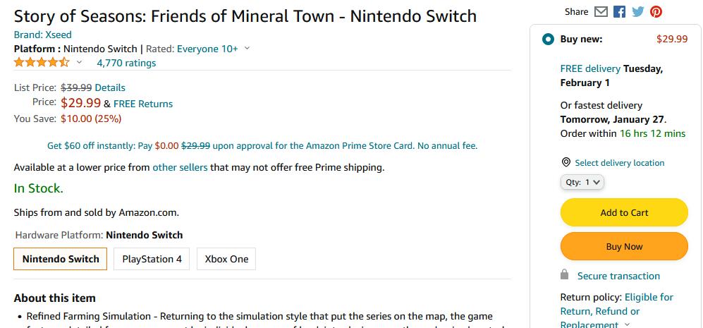 《牧場物語:重聚礦石鎮》Switch任天堂遊戲卡帶降至$29.99